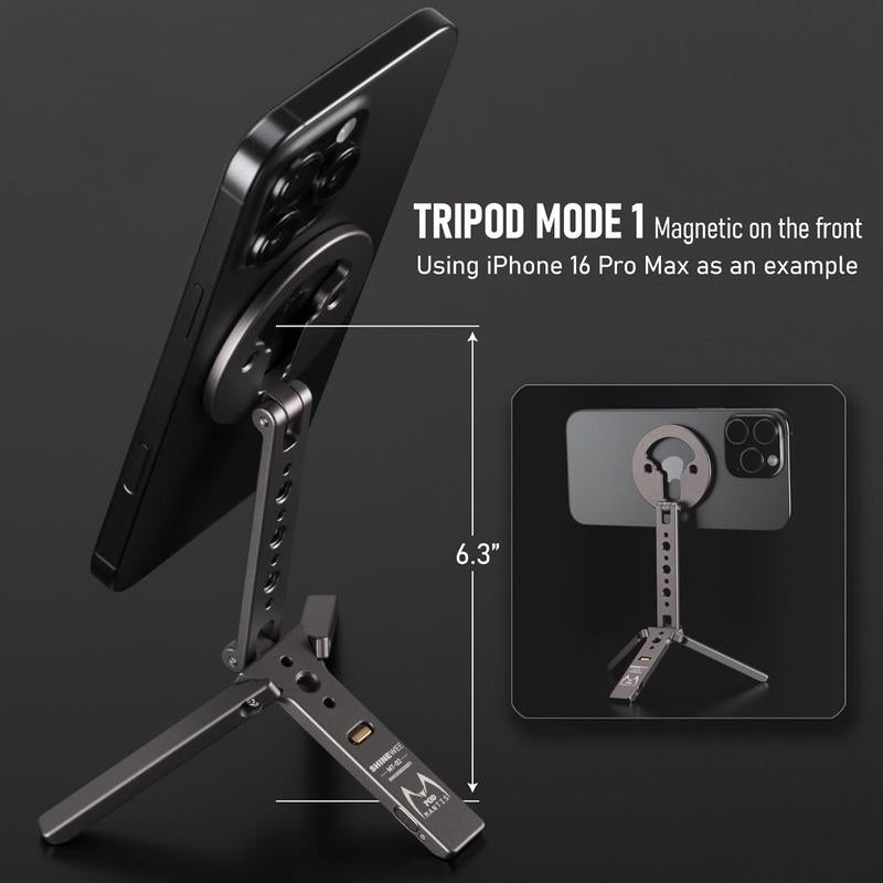 Tripod for 12/13/14/15/16 & Magsafe Cases | Handy Phone Stand | 20 N52 Inside, Cold Shoe Mount, 1/4" Screw & Foldable Hook