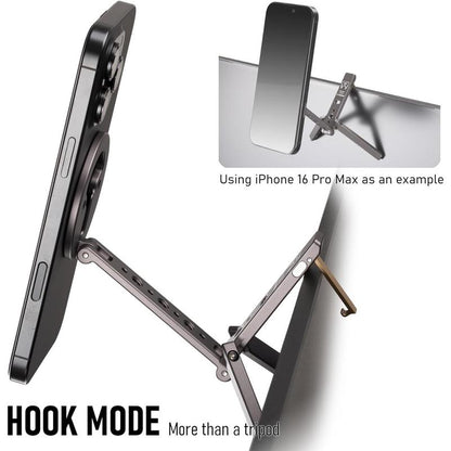 Tripod for 12/13/14/15/16 & Magsafe Cases | Handy Phone Stand | 20 N52 Inside, Cold Shoe Mount, 1/4" Screw & Foldable Hook