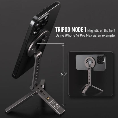 Tripod for 12/13/14/15/16 & Magsafe Cases | Handy Phone Stand | 20 N52 Inside, Cold Shoe Mount, 1/4" Screw & Foldable Hook